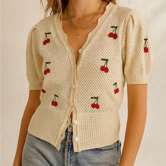 The Unbranded Brand Sweaters - Cherry Embroidered Knit Cardigan Sweater Cute Fruit Motif Cottagecore Boho Small